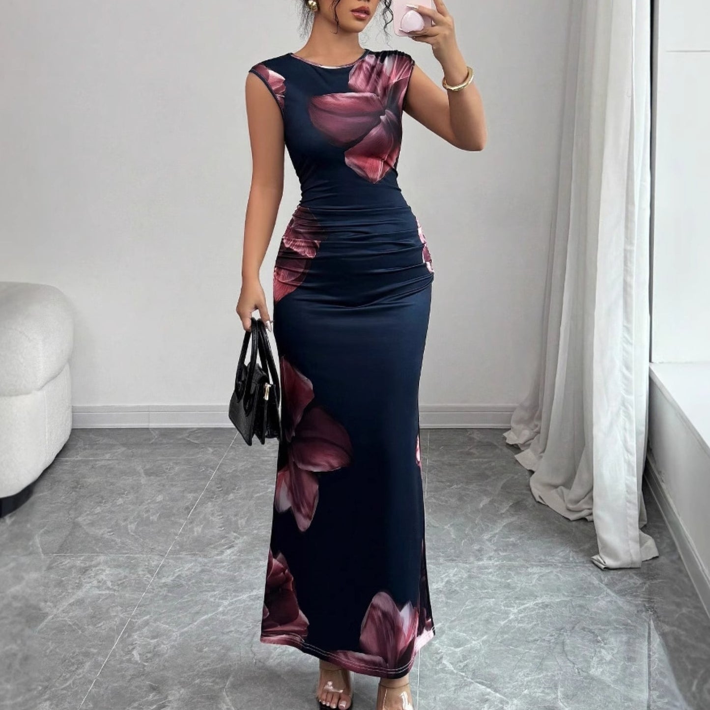 Women Clothing Summer Sleeveless Printed Slim Sheath Dress Elegant Graceful Women Clothing