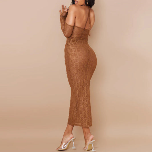 Spring Summer Mesh Halter Dress Women Blouse See through Sexy Cutout Stitching Hip Maxi Dress