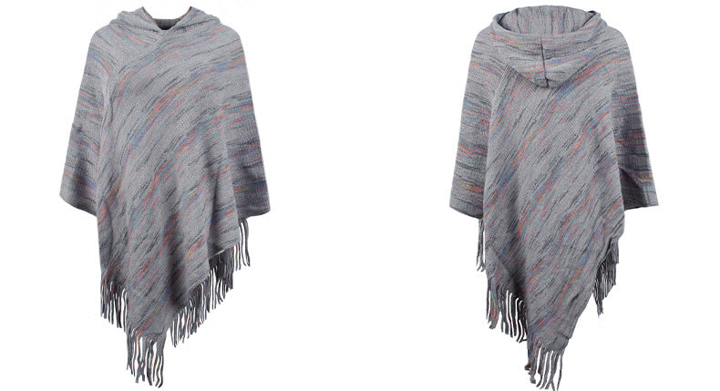 Hooded Striped Tassel Cape Shawl Women Autumn Winter Women Outer Scarf