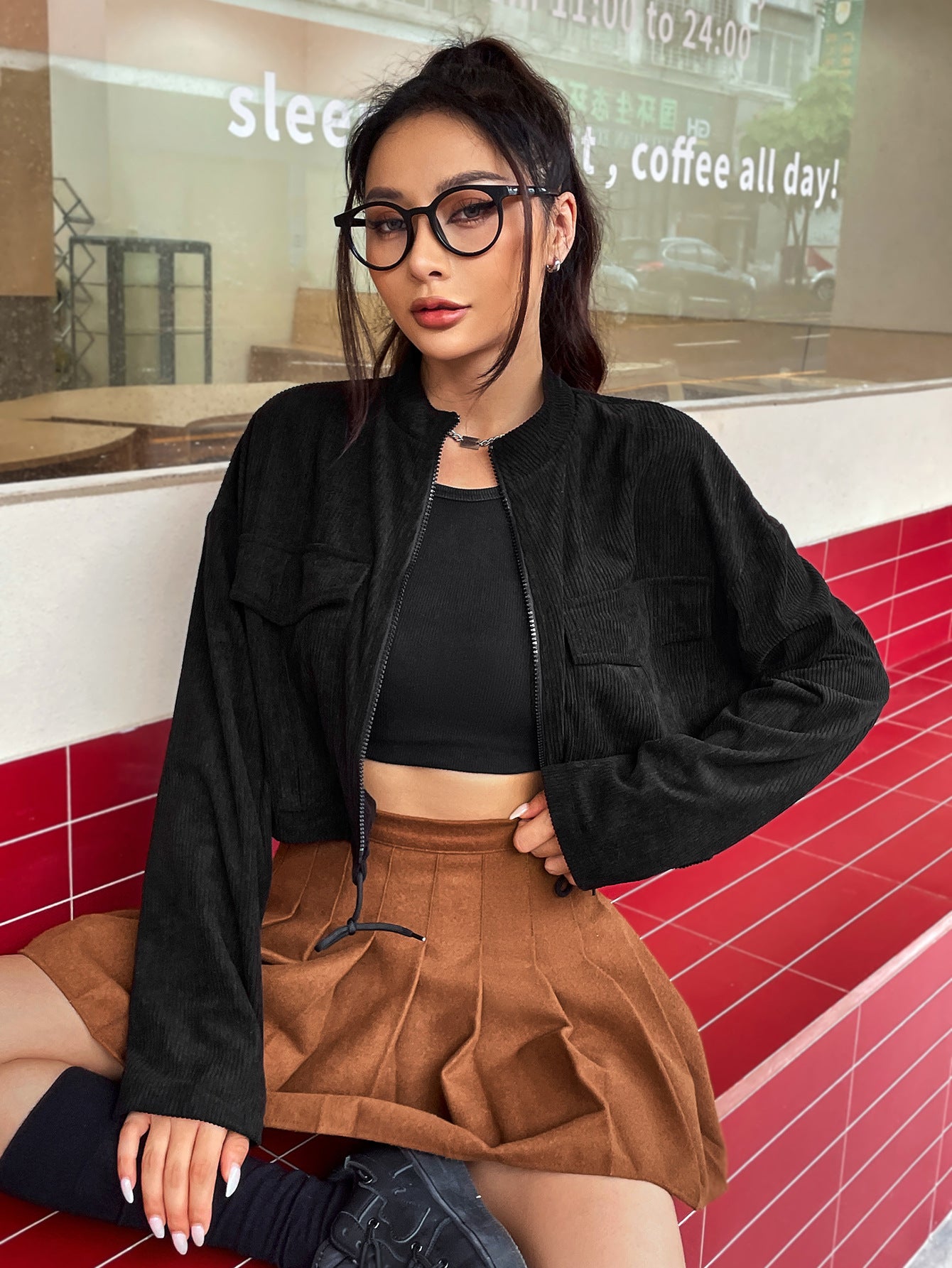 Women Clothing Trend Short Solid Color Zipper Jacket