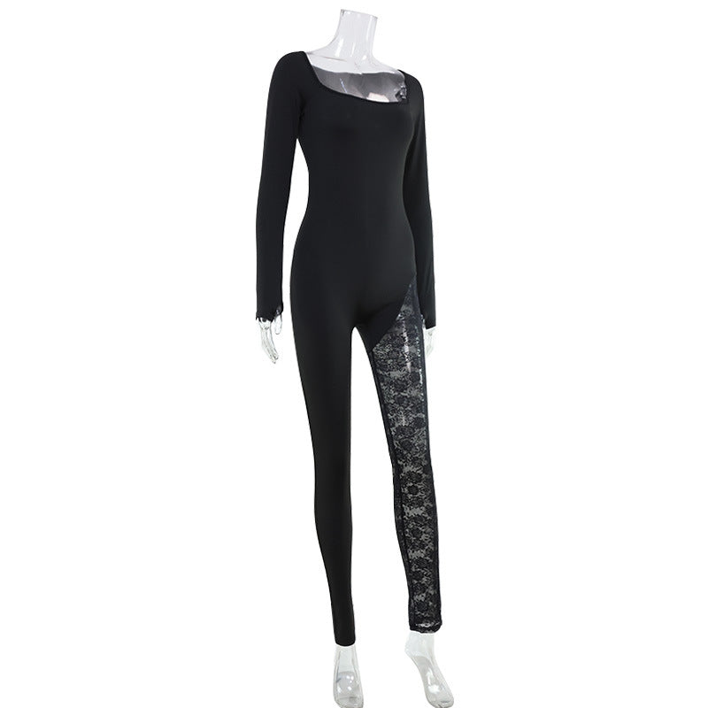 Tight Long Sleeve Square Neck off Shoulder Long Sleeve Trousers Lace Stitching Sexy Slim Fit Bodysuit