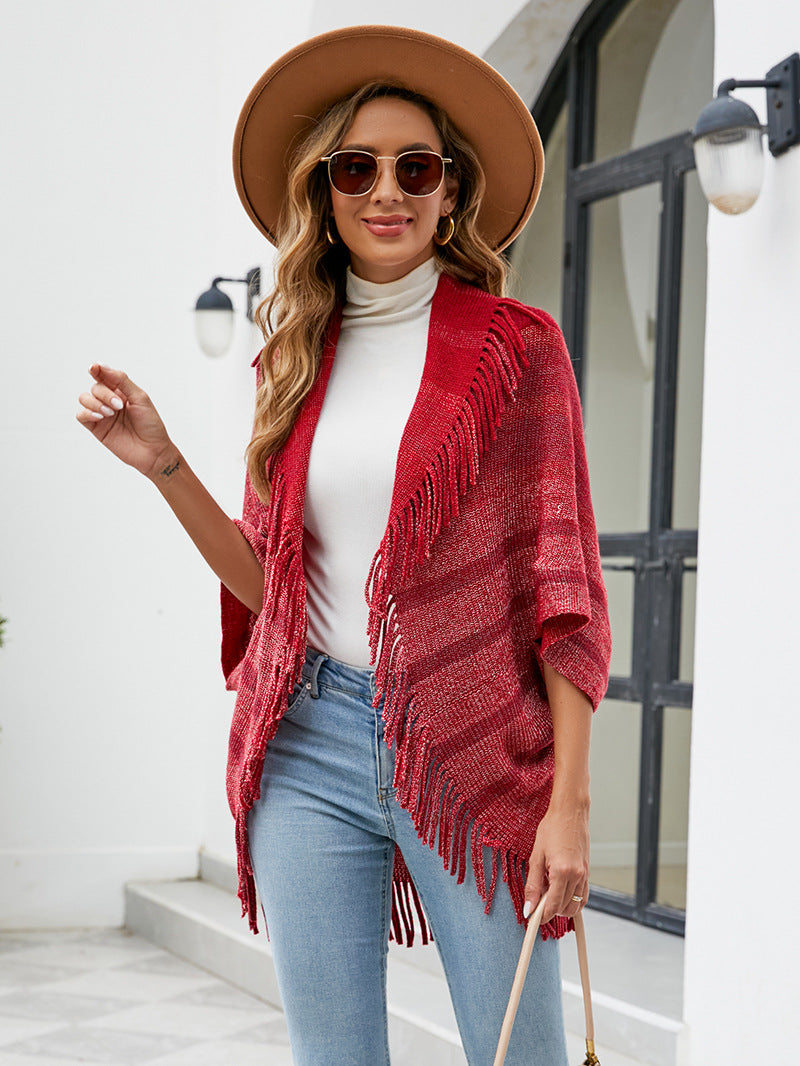 Tassel Inverness Women Autumn Winter Knitted Striped Cloak Women