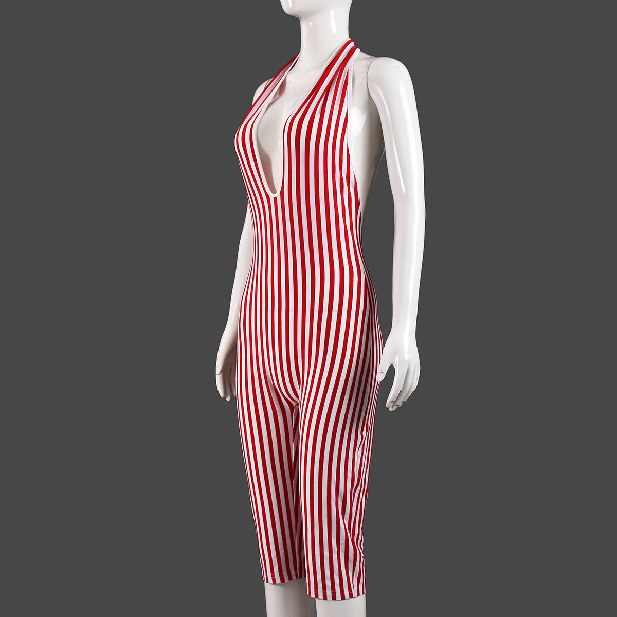 Stripes Hollow Out Cutout Backless Lace up Short High End Jumpsuit Women