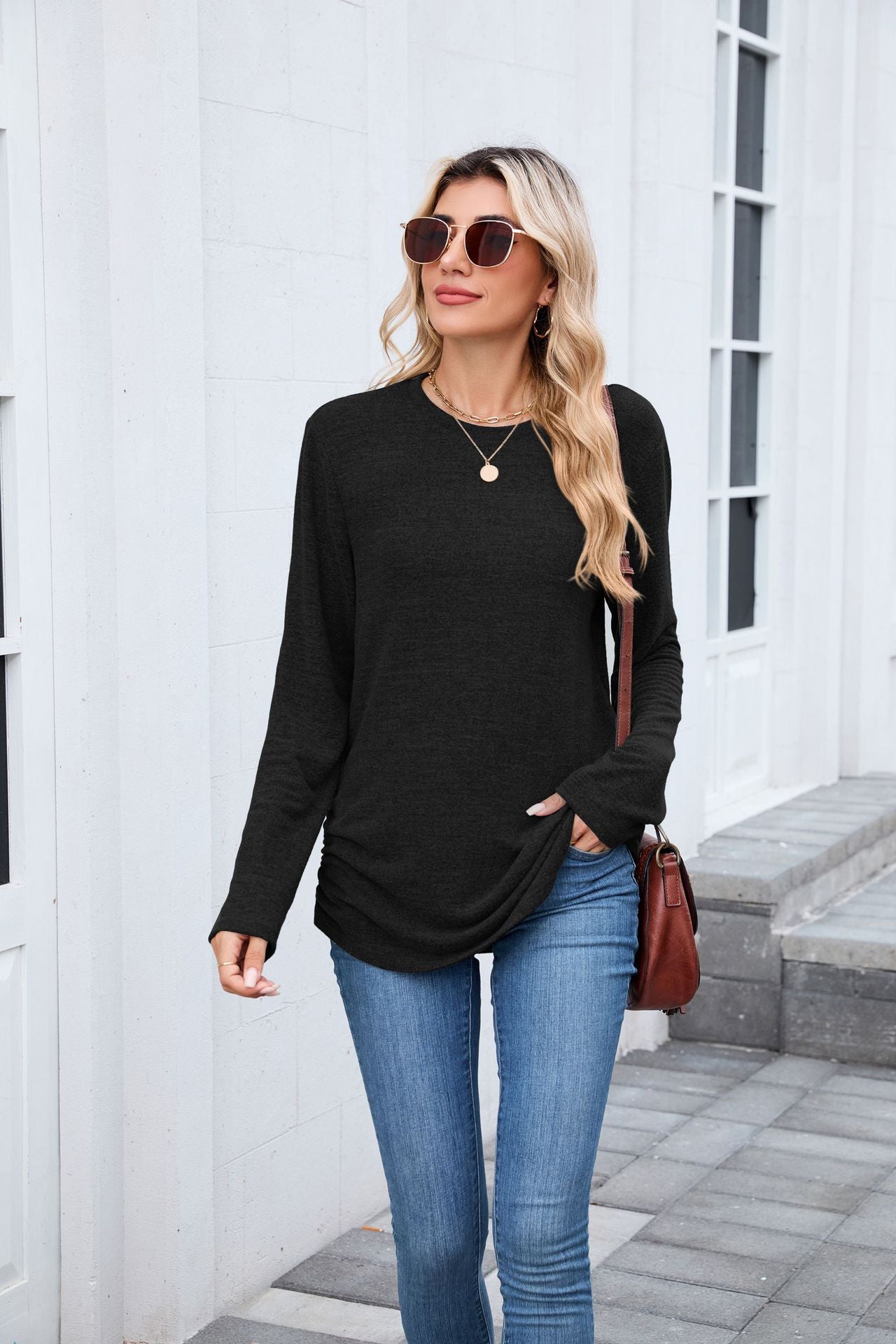 Autumn Winter Solid Color round Neck Loose Long Sleeved T shirt Top Women