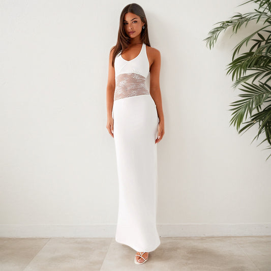 Women Clothing Sleeveless Backless U Collar Lace Slim Fit Patchwork Halter Maxi Dress