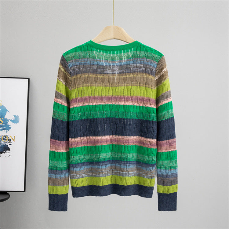 Round Neck Contrast Color Top Women Striped Long Sleeved Coat Autumn Casual Loose Knitted Cardigan
