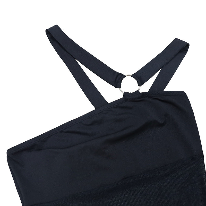Women Clothing Summer Irregular Asymmetric Shoulder Wrapped Chest Slim Mesh Stitched Backless Niche Dress