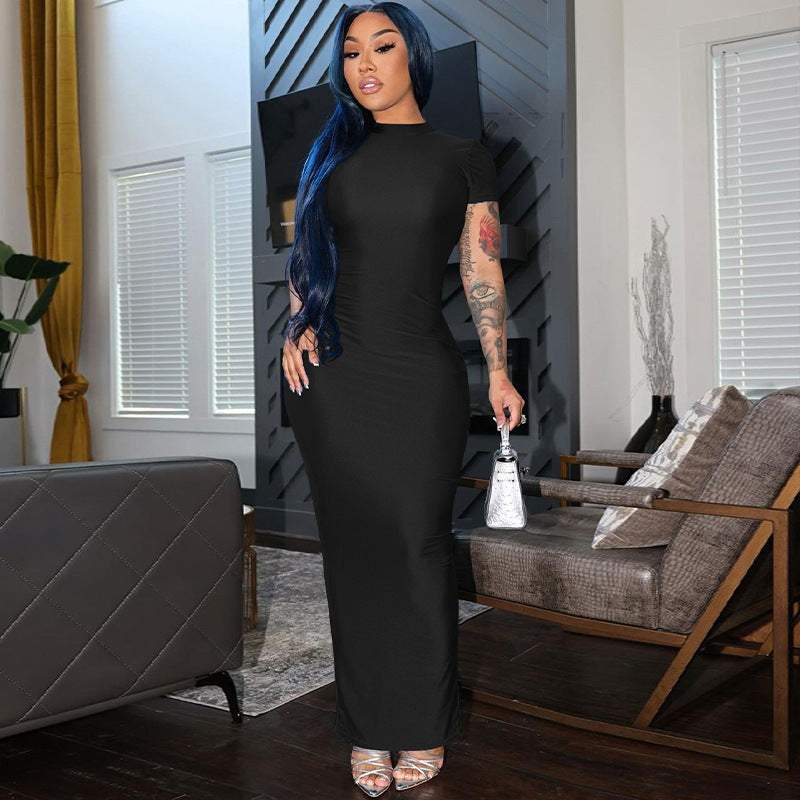 Women Clothing Hip Summer Solid Color Sexy Short Sleeve Split Dress