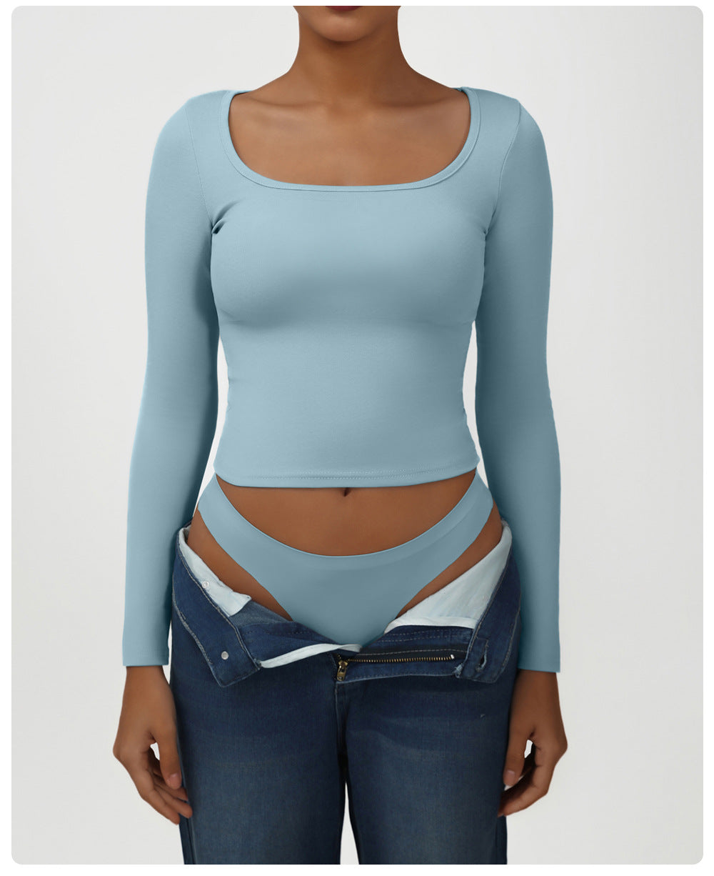 High Elastic Tight T shirt Casual Sports Top Square Collar Sexy Solid Color Long Sleeve Yoga Jacket