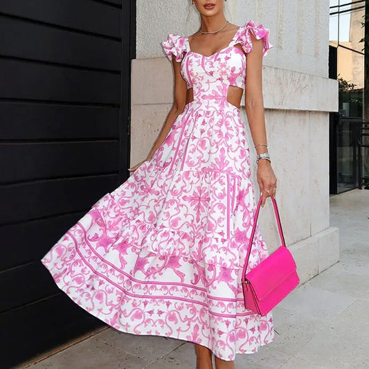 Women Clothing Elegant Padded Shoulder Flying Sleeves Printed Large Dress Maxi Dress
