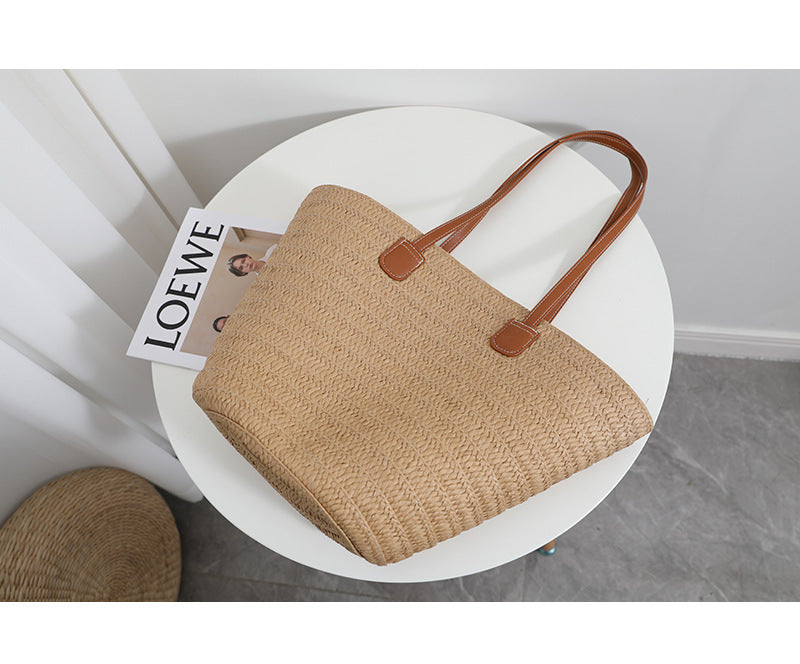 Simple Shoulder Straw Bag Large Capacity Straw Bag Woven Bag Tote Bag Women Seaside Vacation Beach Bag