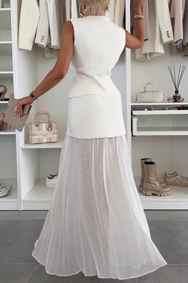 Spring Summer Knitted Stitching Vest Set Casual Vacation Loose Skirt Women