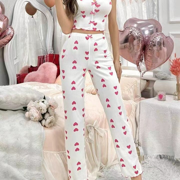 Printed Color Contrast Patchwork Mesh Pajamas Front Split Sling Pajamas Set
