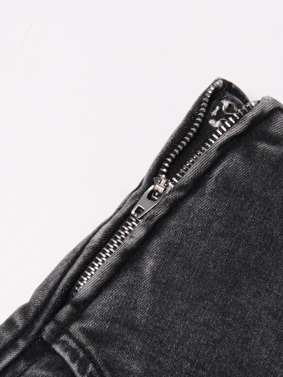 Personality Street Denim Stitching Shorts Autumn High Waist Irregular Asymmetric Washed Worn Jeans Women