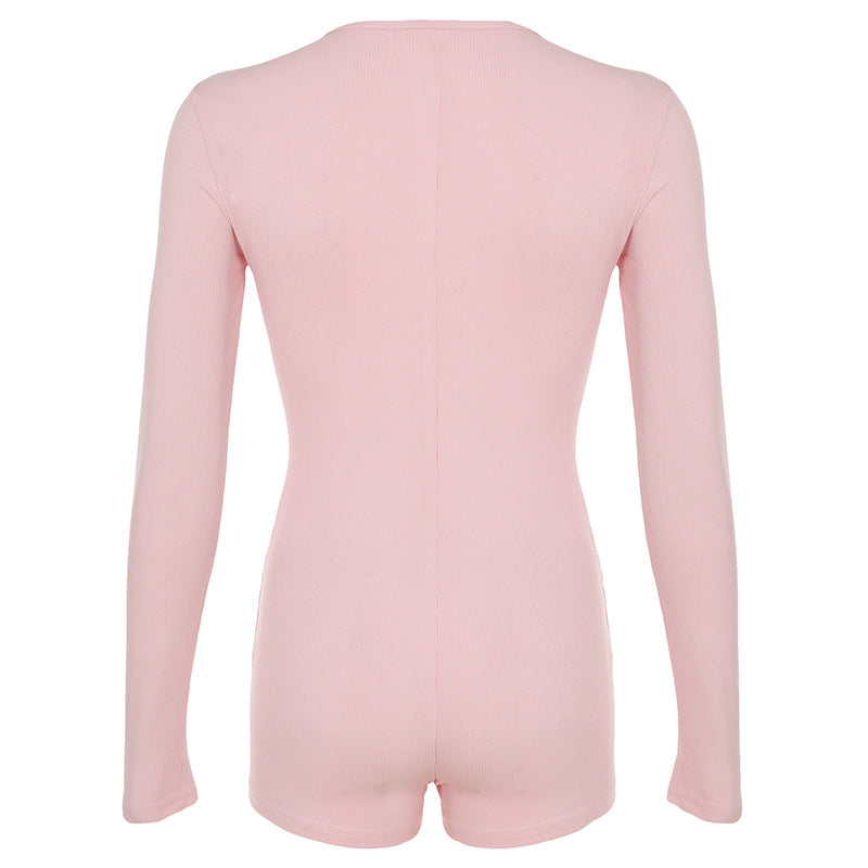 Solid Color Jumpsuit Autumn Slimming Breasted Bottoming Sexy Long Sleeve Romper