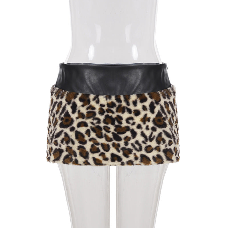 Women Clothing Two Piece Sets Leopard Fur Stitching Leather Tube Top Sexy Hip Skirt Two Piece Sets