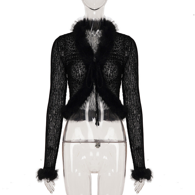 Sexy Flocking Wool Tops Lace up Cardigan Leopard Print Skirt Women Fur Stitching Two Piece Sets