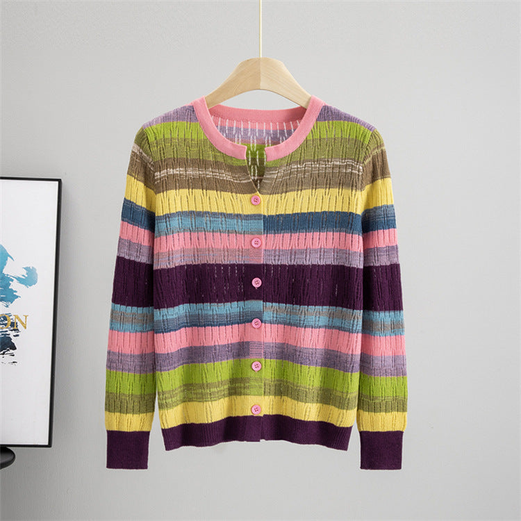 Round Neck Contrast Color Top Women Striped Long Sleeved Coat Autumn Casual Loose Knitted Cardigan