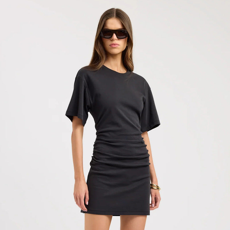 Women Clothing Spring Summer Solid Color round Neck Waist Sheath Pleated Dress