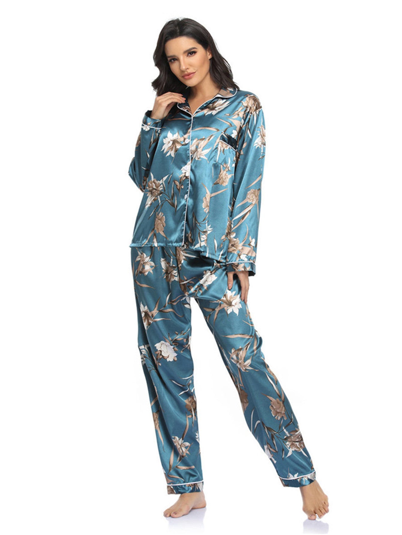 Home Wear Suit Pajamas Women Satin Cardigan Long Sleeve Long Sleeve Autumn