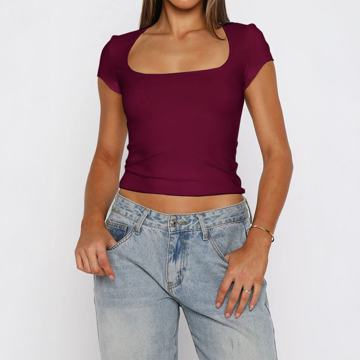 Women Clothing Summer Sexy All Match Solid Color Short Sleeved Top T shirt
