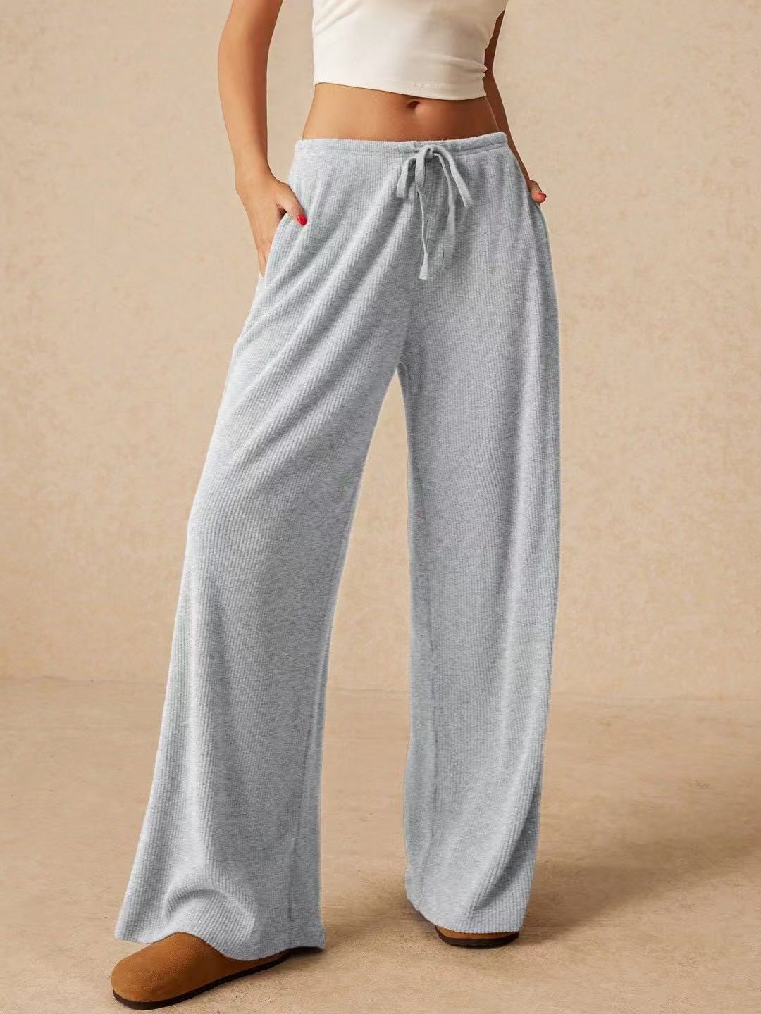 Women Clothing Casual Loose Fall Winter Elegant Wide Leg Pants Trousers Elastic Waist Women