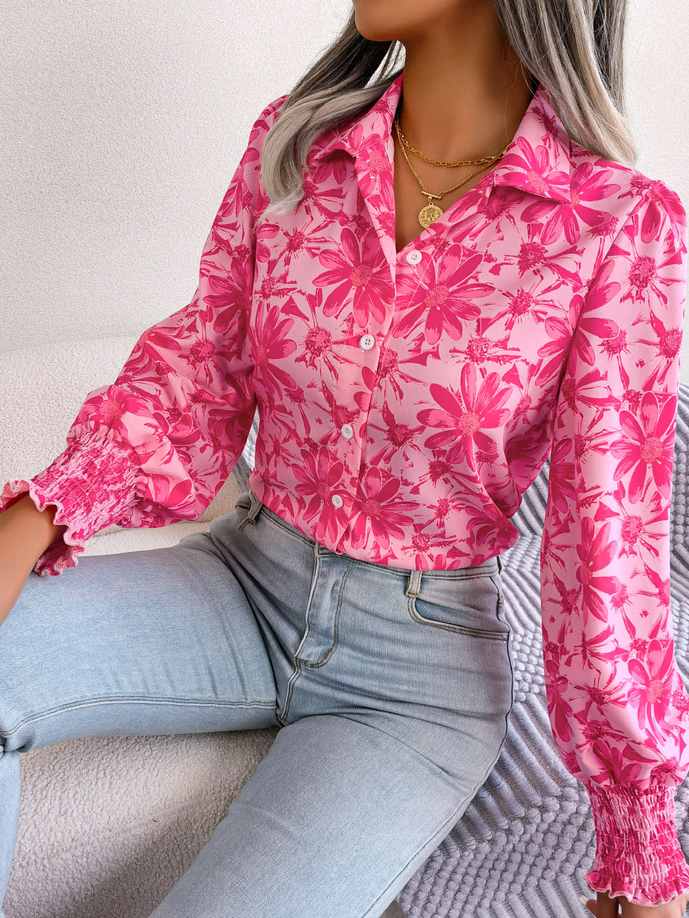 Spring Summer Casual Lantern Sleeve Contrast Color Floral Collared Shirt Women Clothing