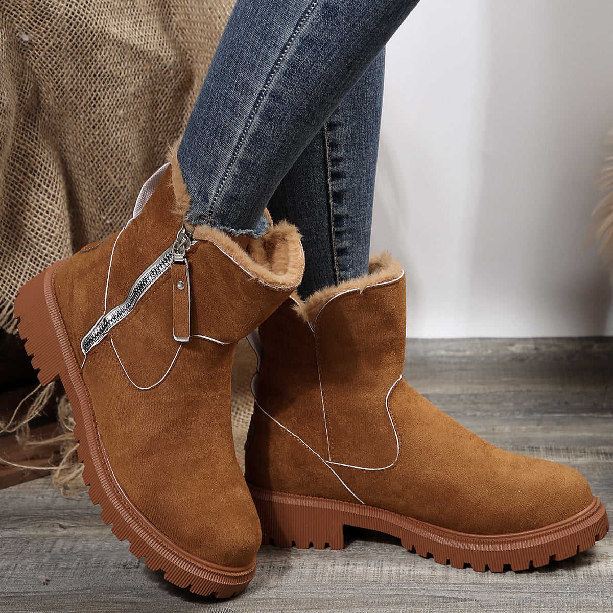 Winter Fleece Lined Short Fur Mouth Snow Boots Women Warm Side Zipper Suede Cotton Boots