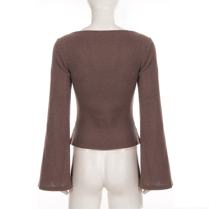 Basic round Neck Large Bell Sleeve Knitted Women Slim Fit Slimming Long Sleeves Sweater