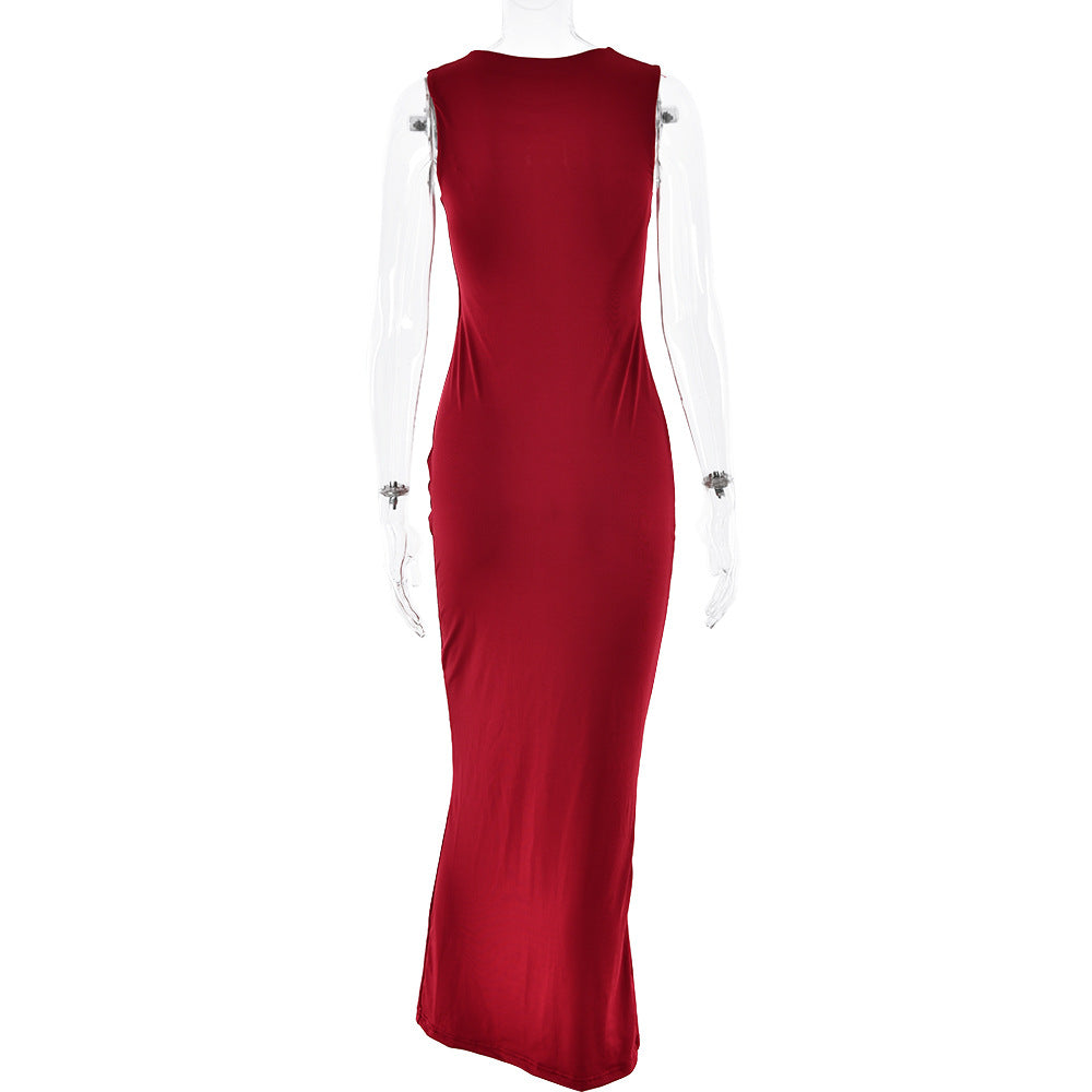 Square Collar Sleeveless Cold Shoulder Dress Sexy Slim Solid Color Dress Spring Summer