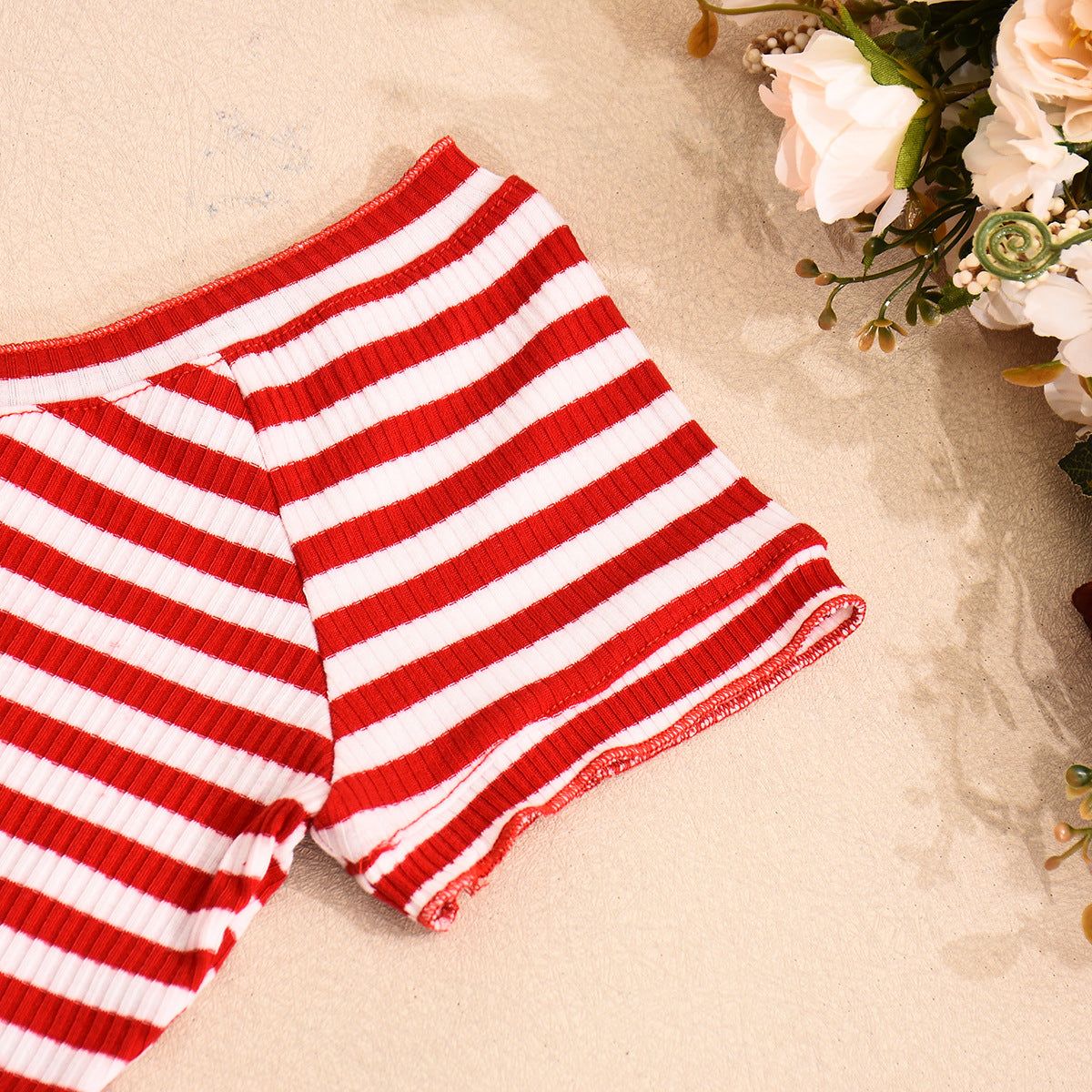 Supply Summer Sexy U Collar Backless Cropped Striped Short Sleeve Shorts Two Piece Sets