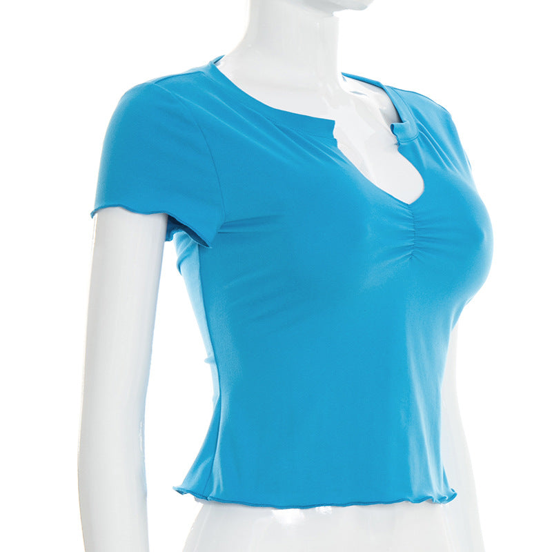 Women Clothing Sexy Solid Color V neck Slim Fit Cropped Short Sleeved Top T shirt
