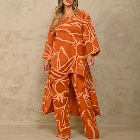 Women Clothing Stylish Loose Printing Irregular Asymmetric Top High Waist Straight Pants Set