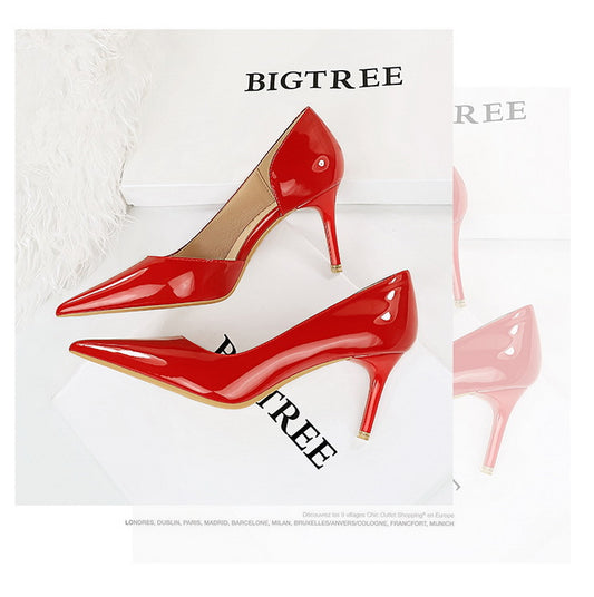 Simple Stiletto Heel Shiny Patent Leather Shallow Mouth Pointed Side Hollow Out Cutout High Heels Women Shoes