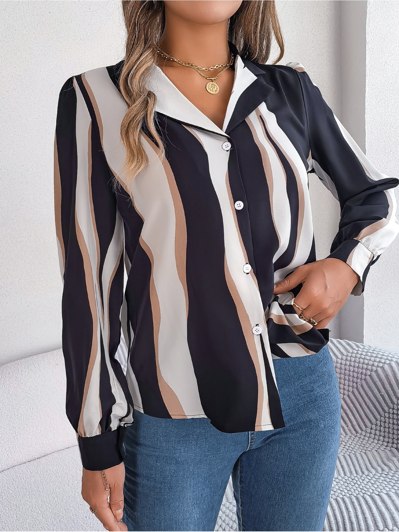 Autumn Winter Casual Contrast Color Striped Suit Collar Long Sleeve Shirt Women