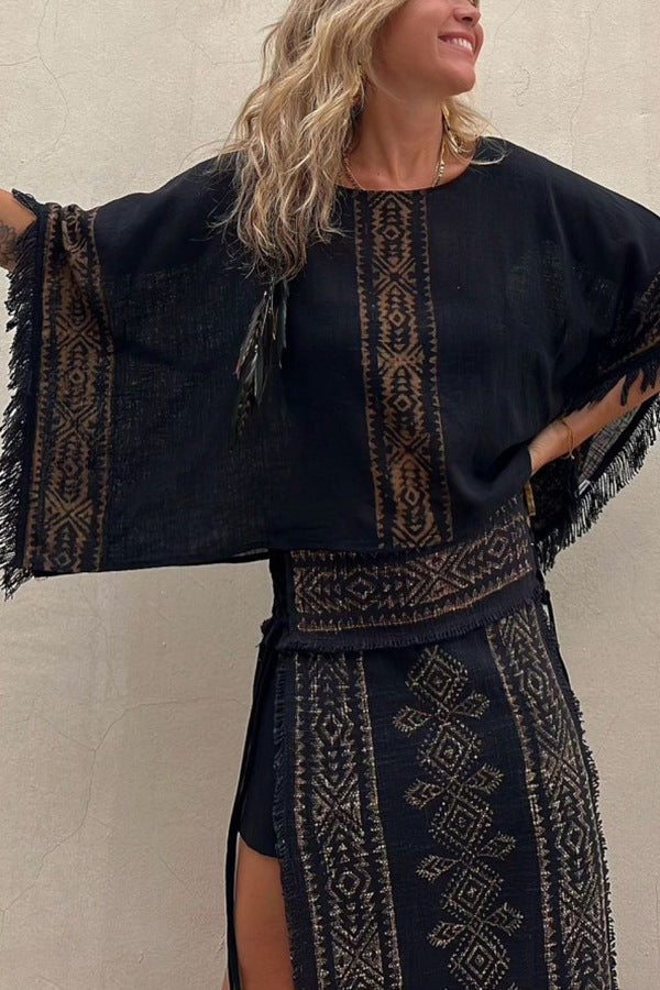 Spring Summer Tassel Batwing Sleeve Two Piece Set Loose Casual Print Women Set