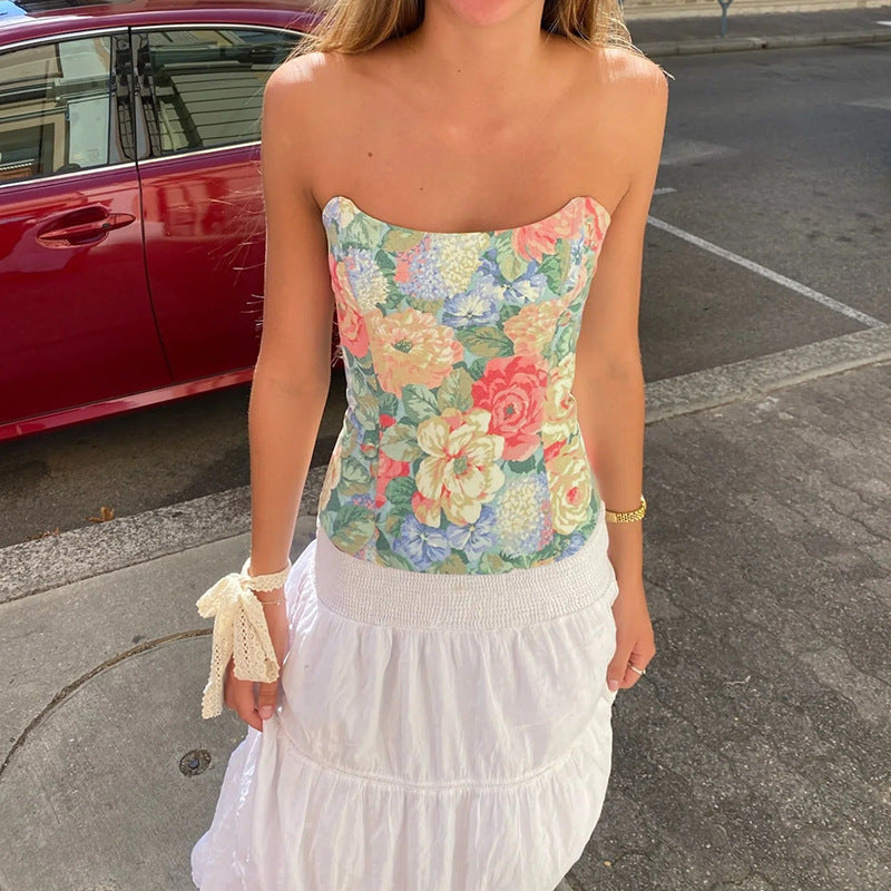 Vest Women Painting Floral Print Top Vacation Curved Neckline Tube Top