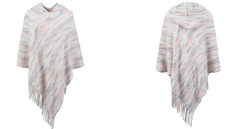 Hooded Striped Tassel Cape Shawl Women Autumn Winter Women Outer Scarf