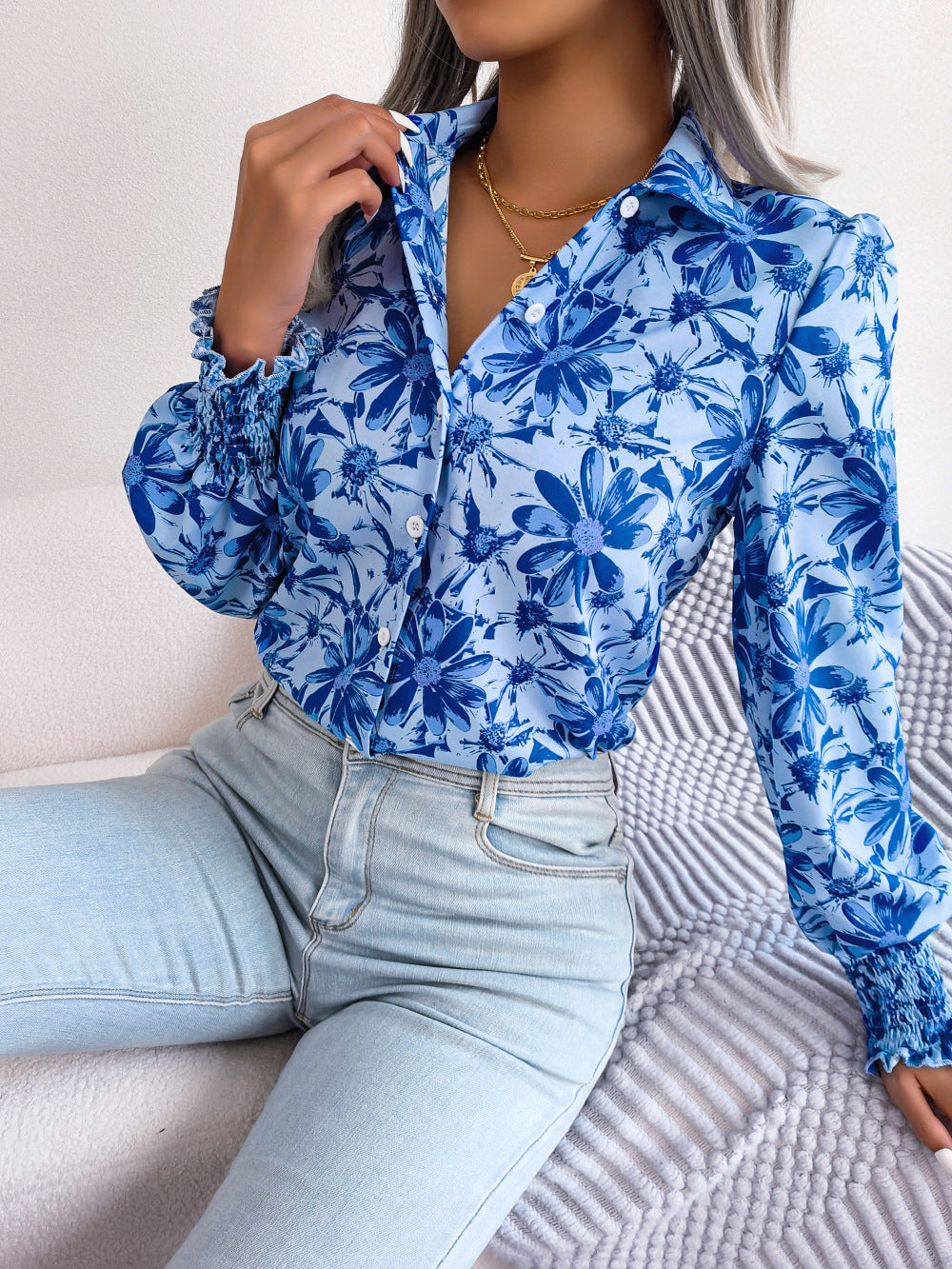 Spring Summer Casual Lantern Sleeve Contrast Color Floral Collared Shirt Women Clothing