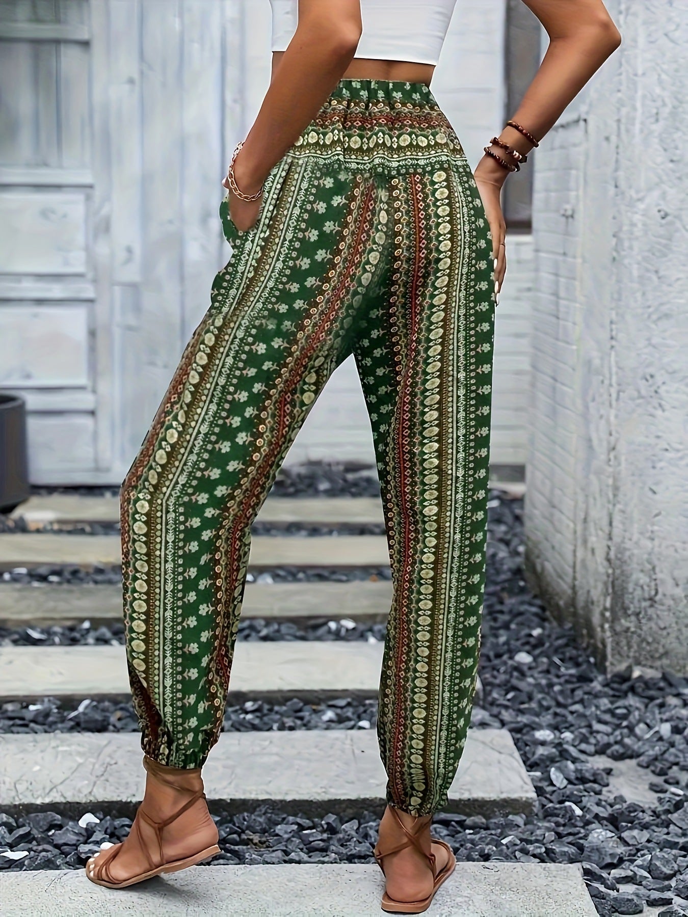 Spring Summer Women Clothing Bohemian Ethnic Print Loose Slimming Draping Effect Elastic Waist Ankle Tied Casual Pants