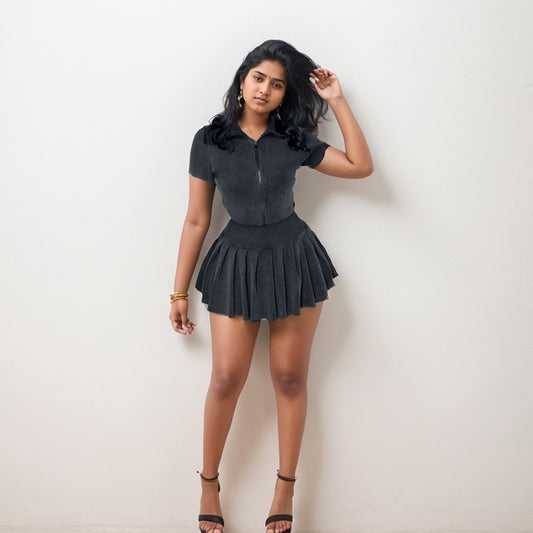 Casual Women Rib Knitted Solid Color Zipper Top Short Sleeve Pleated Skirt Set Short Skirt Two Piece Sets