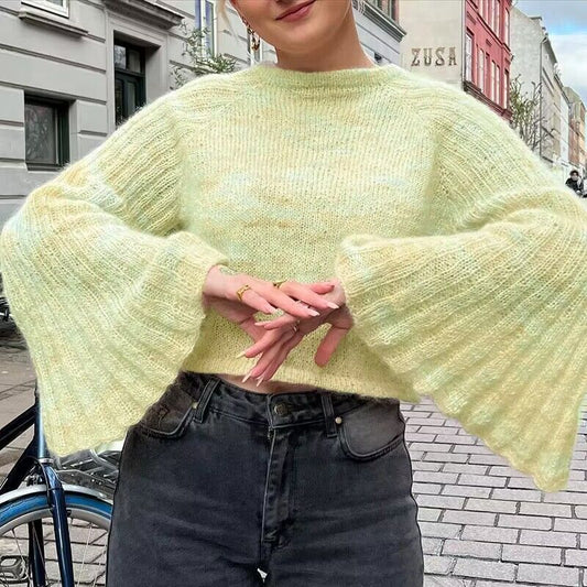 Round Neck Flared Sleeves Lazy Short Large Sweater Autumn All Matching Office Top Women Clothing