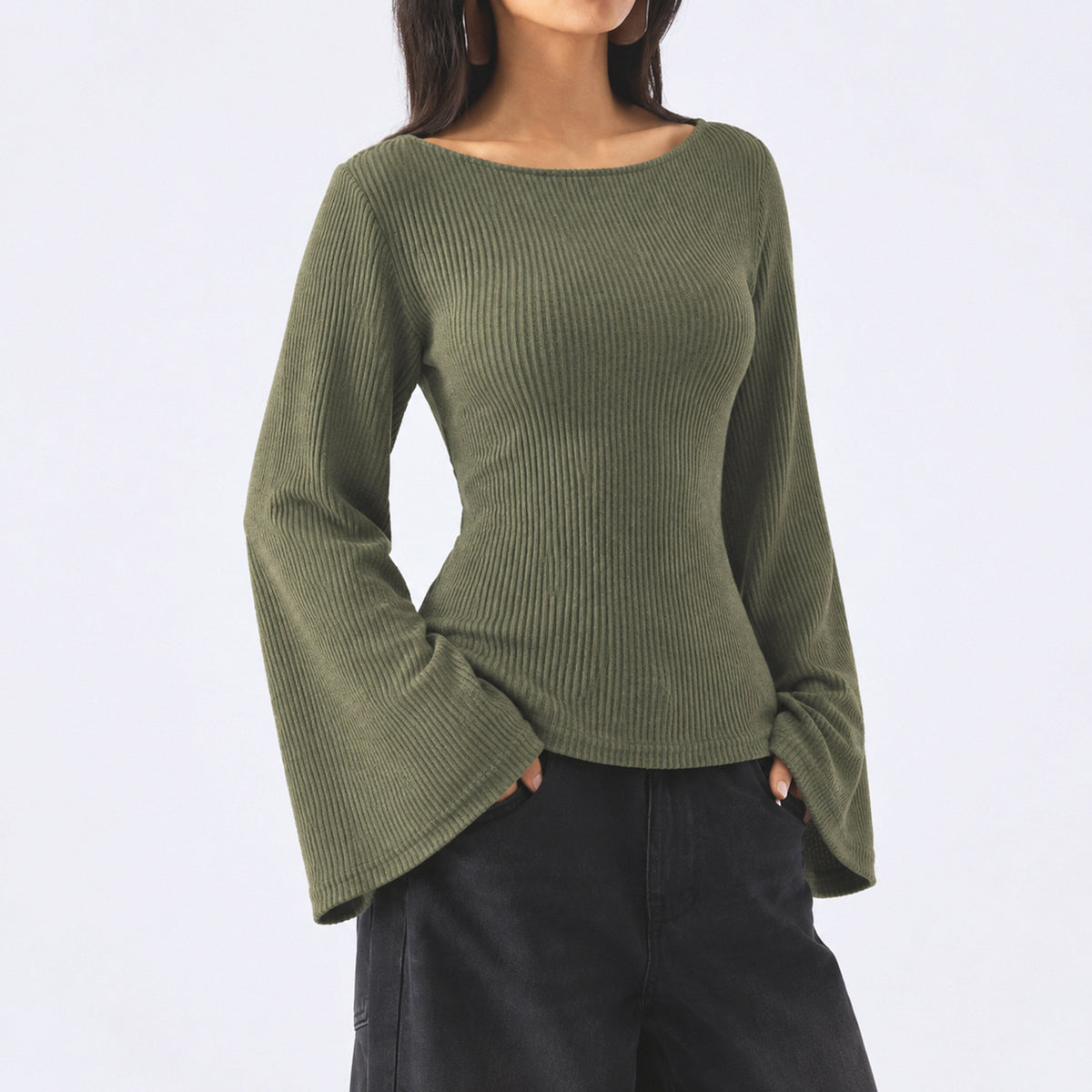 Basic round Neck Large Bell Sleeve Knitted Women Slim Fit Slimming Long Sleeves Sweater