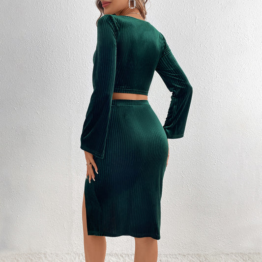 Popular Velvet Square Collar Bell Sleeve Skirt Side Slit Set