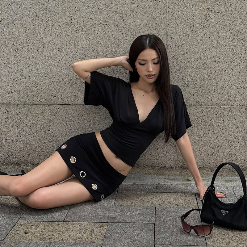 Women Clothing Summer Sexy Low Cut Deep V Plunge neck Solid Color Backless Lace up Half Sleeve T shirt Top