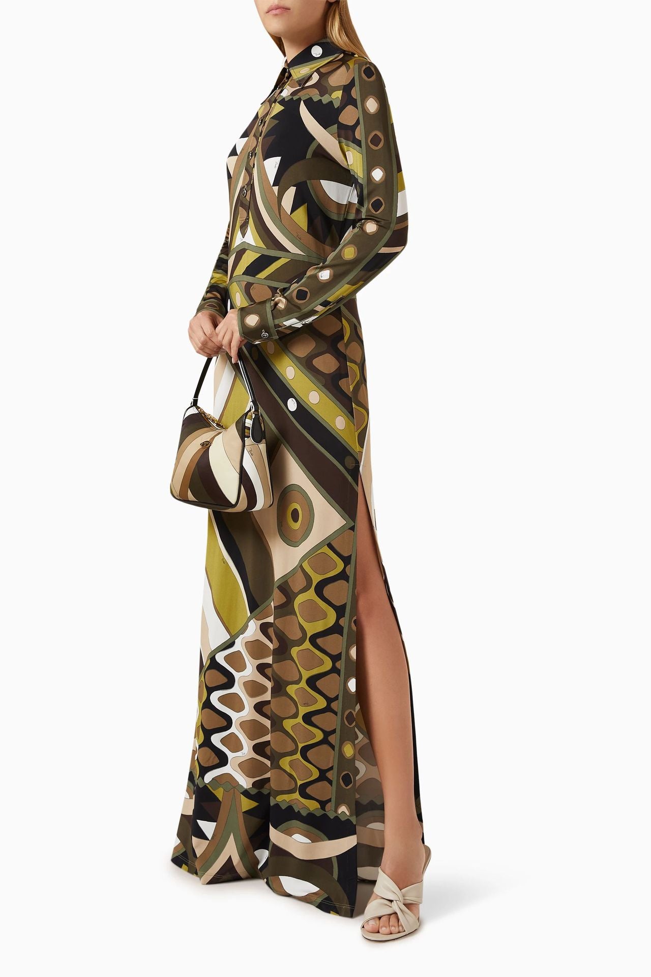Autumn Winter Printing Positioning Collared Long Sleeve Split Dress Women