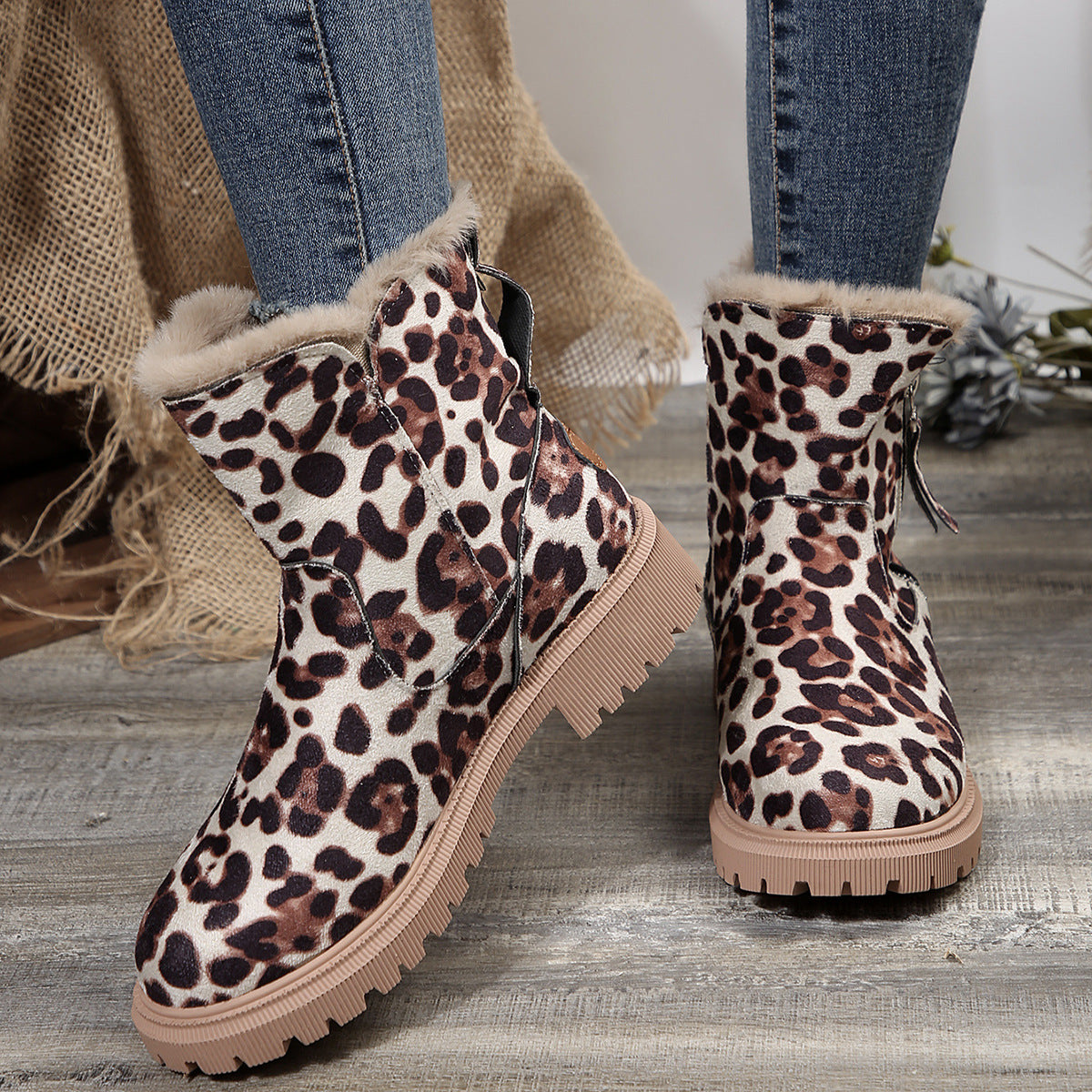 Winter Fleece Lined Short Fur Mouth Snow Boots Women Warm Side Zipper Suede Cotton Boots