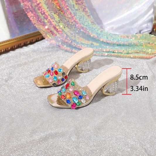 Women Rhinestone Gold Sandals Slip on Transparent Platform Party Dress Sandals High Heels
