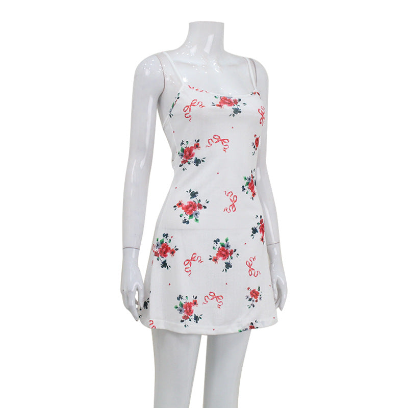 Women Clothing Summer French Fresh Floral Strap Dress Sexy Waist Trimming Casual Home A Line Dress