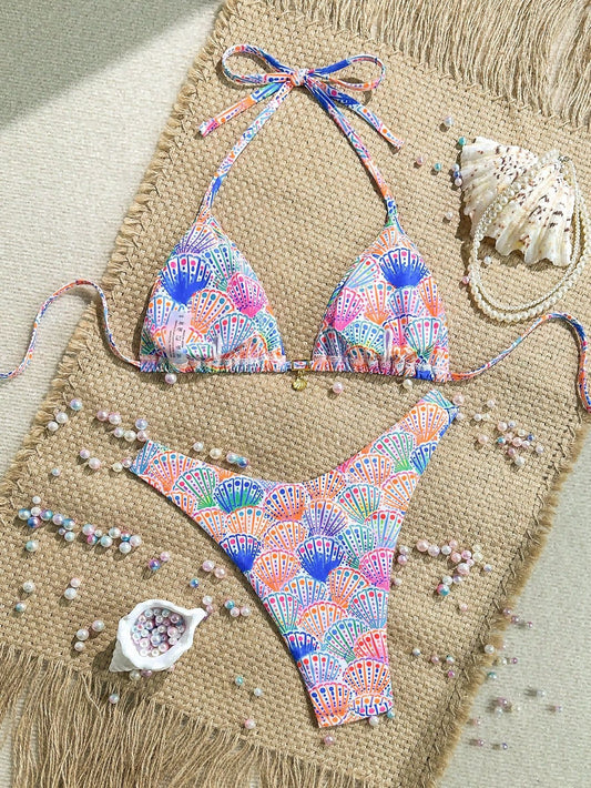 Shell Printed Bikini Sexy Lace up Bikini Lady Simple Split Swimsuit